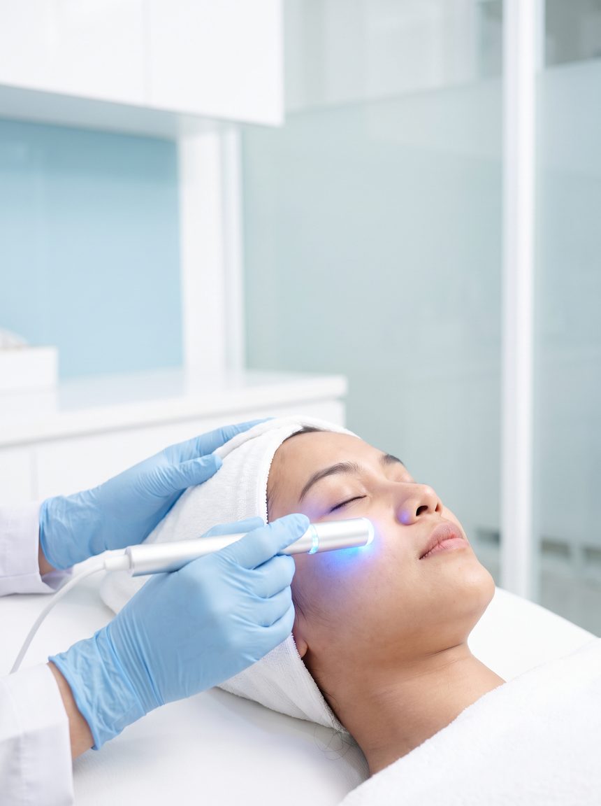 A clinician passing a skin-analysis wand across a patient's cheek