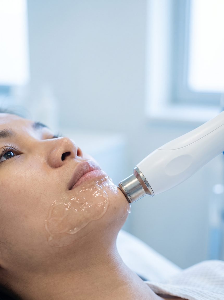 A radiofrequency handpiece resting against a patient's jawline