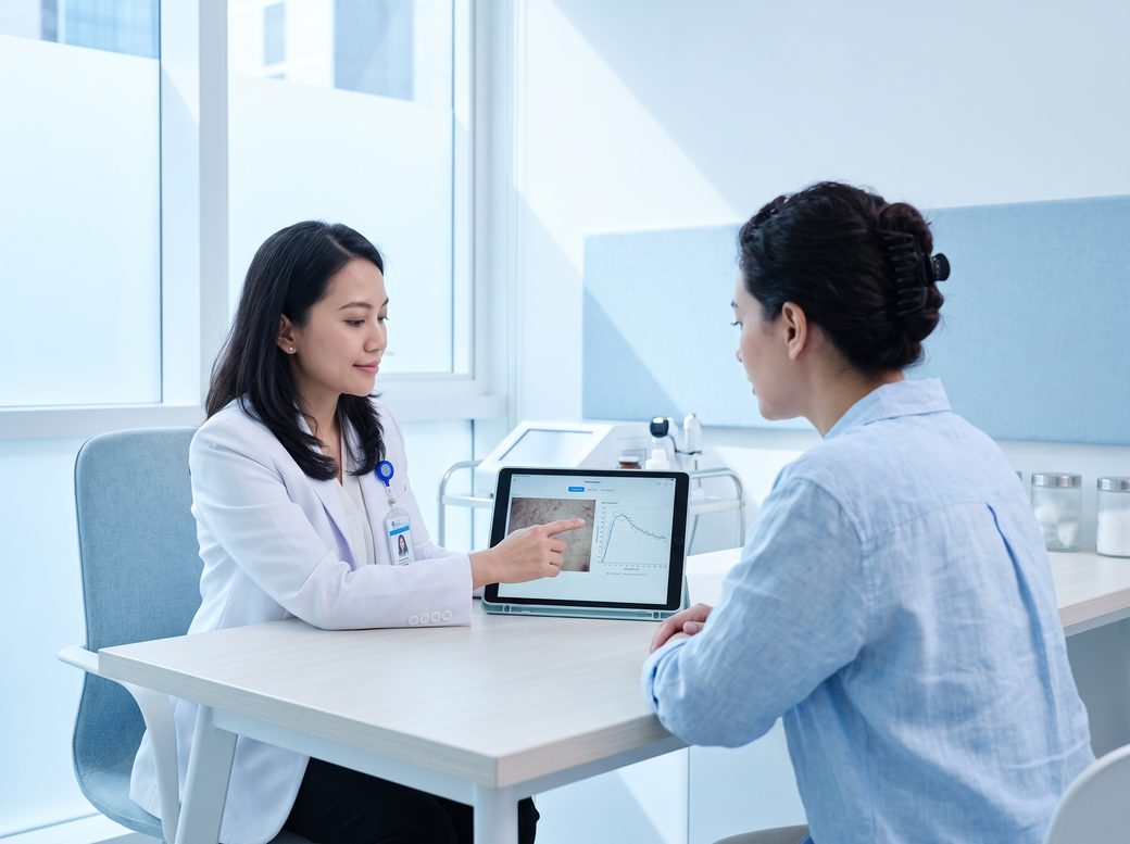 A doctor reviewing a skin analysis with a patient
